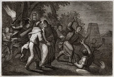 Royaumont Bible, New Testament: Arrest of Jesus Christ or the Kiss of Judas. The soldiers come to arrest Christ at the Garden of Olives. St. Peter cuts off the ear of one of them. Illustration from 1811.