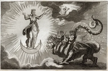 Royaumont Bible, New Testament: Beast of Revelation. Saint John sees a monstrous beast with seven heads and ten horns and a pregnant woman surrounded by light, under whose feet is the moon and on her head a crown of twelve stars. Illustration from 1811.