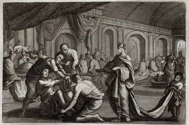 Royaumont Bible, New Testament: Bridal dress. Parable of a King who made the wedding of his son, from which he rejected a man who did not have the bridal dress. Illustration from 1811.