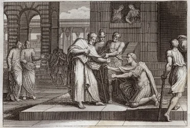 Royaumont Bible, New Testament: Cornelius baptizes. Cornelius the centurion receives the faith of Jesus Christ, and is baptized by St. Peter. Illustration from 1811.