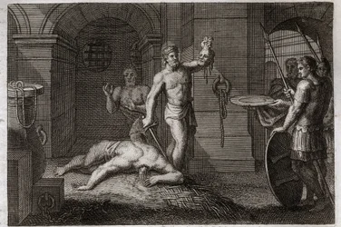 Royaumont Bible, New Testament: Decollation of Saint John the Baptist. His head is placed on a platter. Illustration from 1811.