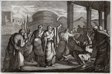 Royaumont Bible, New Testament: Lame healed. Saint Paul heals a lame man and stops people who wanted to sacrifice to him like a God. Illustration from 1811.