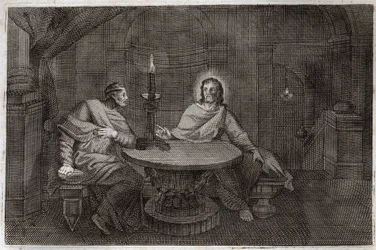 Royaumont Bible, New Testament: Nicodemus comes to find Jesus Christ at night. Illustration from 1811.
