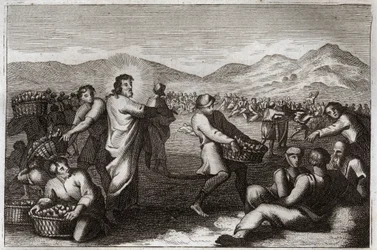 Royaumont Bible, New Testament: Propagation of loaves. Jesus Christ multiplies five loaves, and feeds five thousand men. Illustration from 1811.