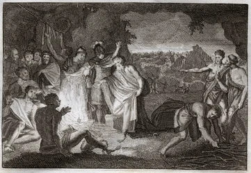 Royaumont Bible, New Testament: Sinking of St. Paul. He is Bitten by a Viper Without Harm. Illustration from 1811