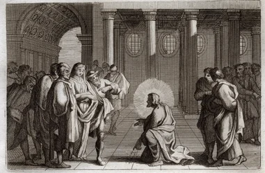 Royaumont Bible, New Testament: The Adulterous Woman. Jesus Christ is divinely deluding himself from the traps which the Jews laid upon him, asking him what should be done of a woman caught in adultery, saying, 