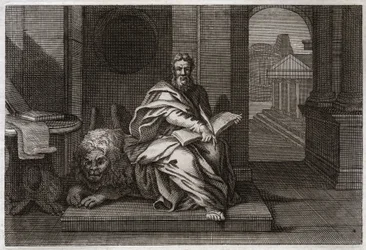 Royaumont Bible, New Testament: The evangelist Saint Mark with the lion. Illustration from 1811