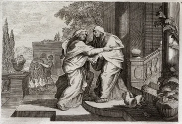 Royaumont Bible, New Testament: Visitation. The Blessed Virgin Mary visits her cousin Elisabeth. Illustration from 1811