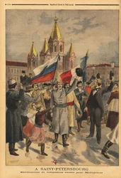 Russian volunteers in Saint Petersburg for the French expedition from Madagascar. Engraving in Le petit journal 28/04/1895. Selva