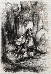 Sacripant unhorsed in the presence of Angelica - engraving of 1851 from 
