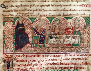 Saint Maur founder of the monastery of Flanfeuil in Anjou is received at the table of Gaidulfe of Ravenna, persecutor of the monks and punishes him. Miniature from 