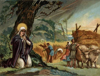 Sainte Genevieve (422-502), patron saint of Paris preserves the harvests from the storm in Meaux. Chromolithography around 1890