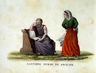 Domestic scene between Socrates and his wife Xantippe (Xanthippe) - engraving