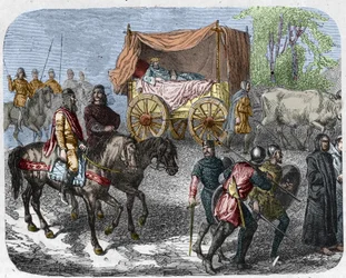Scene depicting the lazy kings: King of France Thierry III carries in a tank with a bed pulled by oxen.