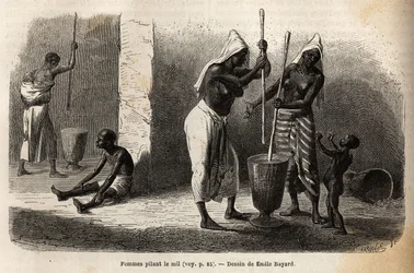 Scene of Daily Life: Women Pounding Millet, in Sekou (Niger), Surrounded by Children. Engraving to Illustrate the Voyage to Western Sudan of Lieutenant (Navy) M.Mage, in 1863-1866, Published in Le tour du monde, nouveau journal des voyages, under the dir
