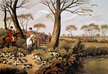 Scene of hunting hares in England. 19th century lithograph Gien, hunting museum