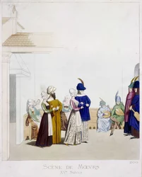 Scene of morals: Carnival scene - based on an Italian manuscript from the 15th century, Arts Deco
