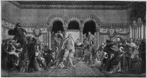 Scene of the life of Saint Elizabeth of Hungary (1207-1231). Engraving from 1878 from a mural by Maurice de Schwindau, poet room of the castle of Wartburg