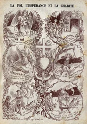 Scenes illustrating Faith, Hope, Charity and their opposite, Incredulity, Desperation and Egoism. Illustration in 