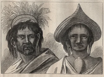 Second voyage (1772-1775) by Captain James Cook (1728-1779): man and woman of Easter Island - illustration from The Great Mariners of the 18th century