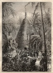 Second voyage (1772-1775) by Captain James Cook (1728-1779): traditional circular house, on the roof of a considerable elevation (New Caledonia) - illustration taken from 