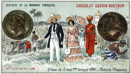 Series Histoire de la Monnaie Française published by Chocolat Guérin Boutron. Chromolithography 19th century. 5 cent bronze coin in 1841. French colonies