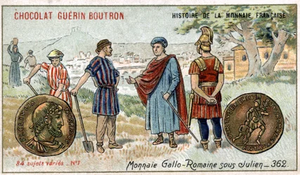 Series Histoire de la Monnaie Française published by Chocolat Guérin Boutron. Chromolithography 19th century. Gallo Roman coins under Julien