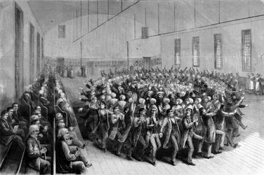 Shaking Quakers religious procession (dance) in New York. Illustration of the 19th century