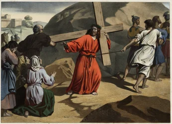 Jesus carrying his cross consoles the daughters of Jerusalem (Anonymous engraving from the middle of the 19th century)