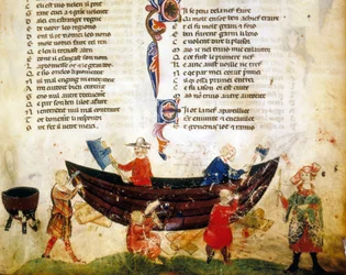 Shipbuilding and caulking in the 13th century. Miniature from the "Roman de Troie" by Benoît de Sainte-Maure. 14th century, Biblioteca Marciana, Venice