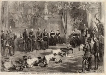Siam ambassadors crawled to Queen Victoria and Prince Albert during their visit to Windsor Castle. Engraving in 