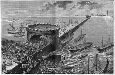 Siege of Alexandria by Julius Caesar in 47 BC. The galley of Caesar under the weight of the soldiers who invaded it. Engraving from 1885