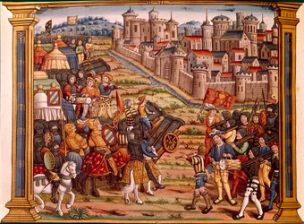 Siege of a City with Bombs: Louis XI against the Liegeois. Miniature from the manuscript Les epitaphes des feux kings Louis XIth of this name and from Charles his son VIII of this name that god absoe