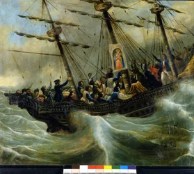 Sinking of a Swiss emigrant ship. Ex voto of 1856 from the sanctuary of the Madonna del Sasso in Locarno. Painting attributed to Giovanni Antonio Vanoni