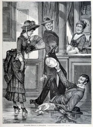 Skating scene in a brewery. A boy falls and breaks the plates he was wearing (1883)