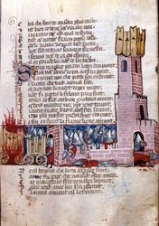 Song of gesture: combat scene near a fortified city (probably the conquest of Spain by the army of Charlemagne). Miniature from the French-Italian manuscript 