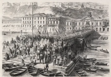 South American Hispano War between Chile and Spain, September 1865: the ladies of Valparaiso, in the presence of the Spanish squadron blocking the port, sing patriotic hymns - Engraving in 