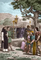 St Augustine of Canterbury (d. 604) preaching before Ethelbert (552?-616) Anglo-Saxon king of Kent whom he baptized in 597 - Augustine sent by Pope Gregory I to convert Anglo-Saxons to Christianity - Representation of Saint Augustine of Canterbury (d. 604)