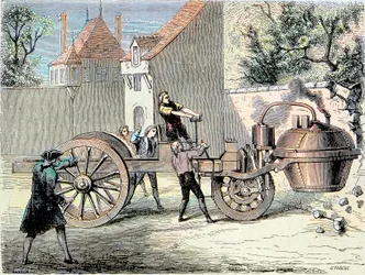 Steam-powered car invented by Nicolas Joseph Cugnot (1725-1804) going out of control and knocking down part of a wall in 1770 - first reported “automobile accident” - in “Album de la Science; illustrious scientists; Great Discoveries”, 1896
