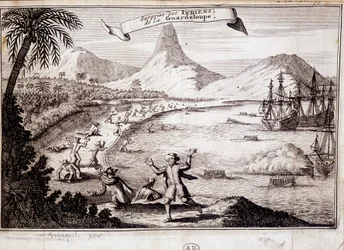 Surprise of the Indians at the landing of Christopher Columbus in Guadeloupe (caravels) - engraving