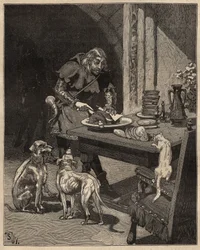 Table art: cuts food before the fork arrives. A man holds the meat with a sheet of paper in one hand and uses his knife in the other. Engraving from 1885 in 