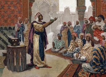 The Arab alchemist Geber (Jâbir ibn Hayyan) (v721-v815), etching chemistry. Barcelona 1881