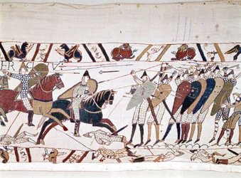 The Battle of Hastings, won by William I the Conqueror on 14/10/1066. Bayeux tapestry, known as Embroidery of Queen Mathilde.