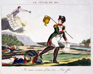 The Cesar of 1815 - I came, I saw... I ran away. Cartoon about Napoleon I fleeing the battlefield where the dead French soldiers are spread out. Engraving 1815