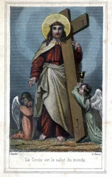 The Cross is the salvation of the world. Popular imagery about Christ carrying the cross. Two angels stand by his side. Around 1850
