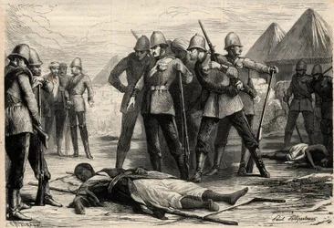 The Emperor of Ethiopia Theodoros II died on 13 April 1868 after the capture of Magdala by the English, where the negus had retreated. Engraving in 