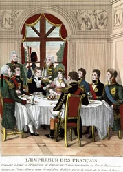 The French Emperor Napoleon I in Tilssit receiving the Emperor of Russia, Prince Constantine, the King of Prussia, his wife, Prince Henry and the Grand Duke of Bert, makes a toast to the health of the Queen of Prussia