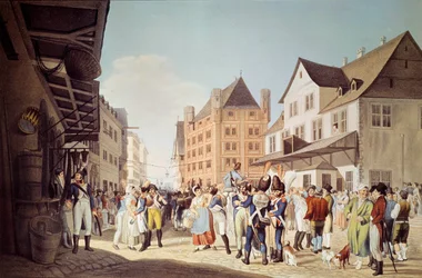 The French troops of the 24th Infantry Regiment leave Frankfurt with General Augereau Engraving of 1808 Frankfurt, historical museum