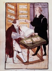 The German banker Jacob Fugger (1459-1525) in his office with his German accountant Matthaus Schwarz. Watercolour of the 16th century. BN, Paris