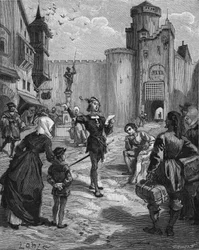 The German knight, poet and humanist Ulrich von Hutten (1488-1523) declaiming one of his poems in the street. Engraving of the 19th century. In 